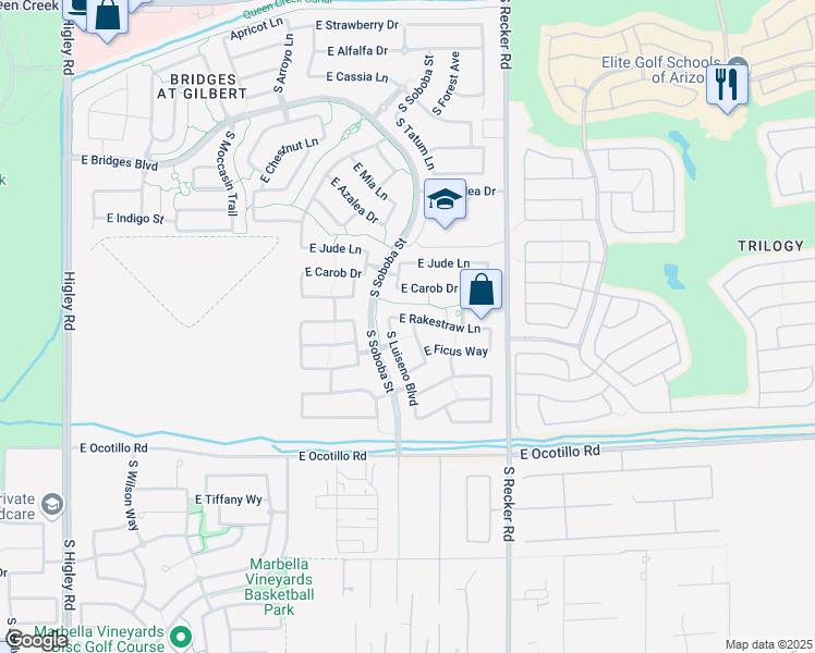 map of restaurants, bars, coffee shops, grocery stores, and more near 5413 South Forest Avenue in Gilbert