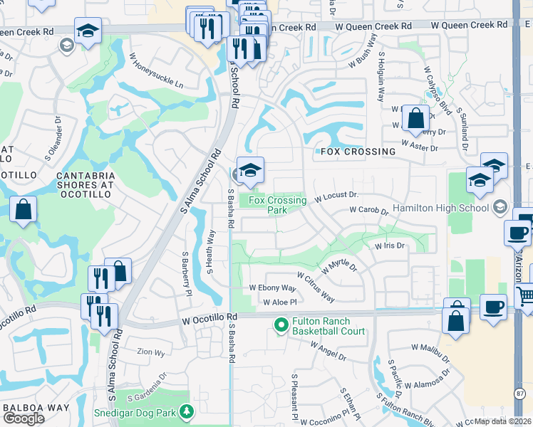 map of restaurants, bars, coffee shops, grocery stores, and more near 759 West Locust Drive in Chandler