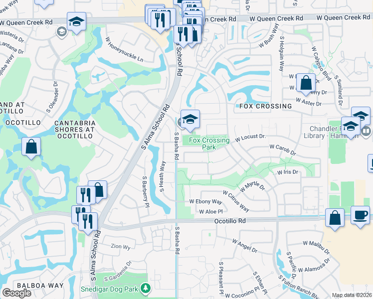 map of restaurants, bars, coffee shops, grocery stores, and more near 3630 South Felix Way in Chandler