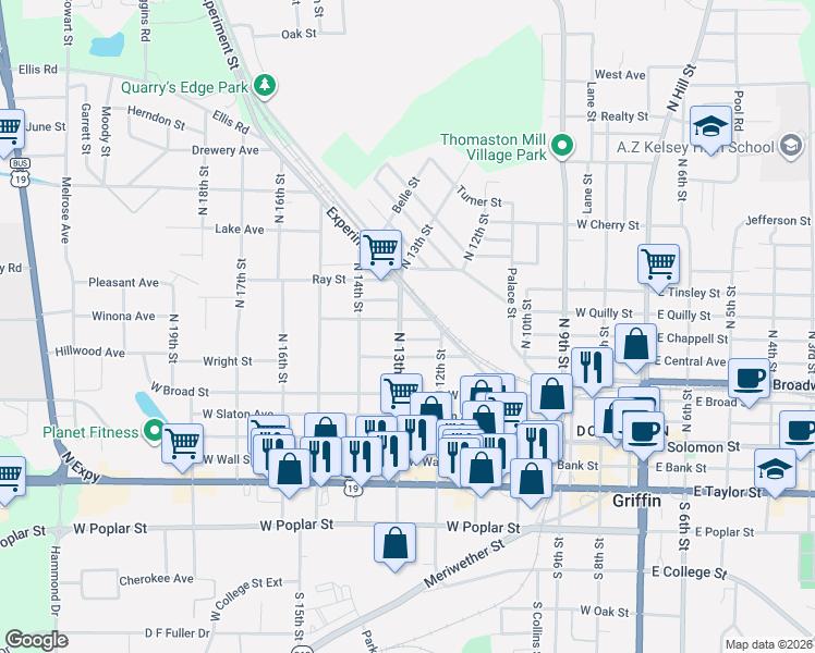map of restaurants, bars, coffee shops, grocery stores, and more near 634 Newton in Griffin