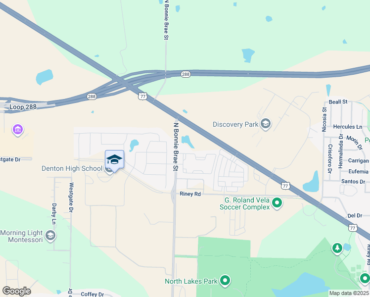 map of restaurants, bars, coffee shops, grocery stores, and more near North Bonnie Brae Street in Denton