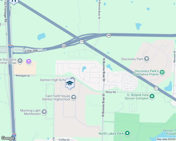 map of restaurants, bars, coffee shops, grocery stores, and more near 3310 North Bonnie Brae Street in Denton