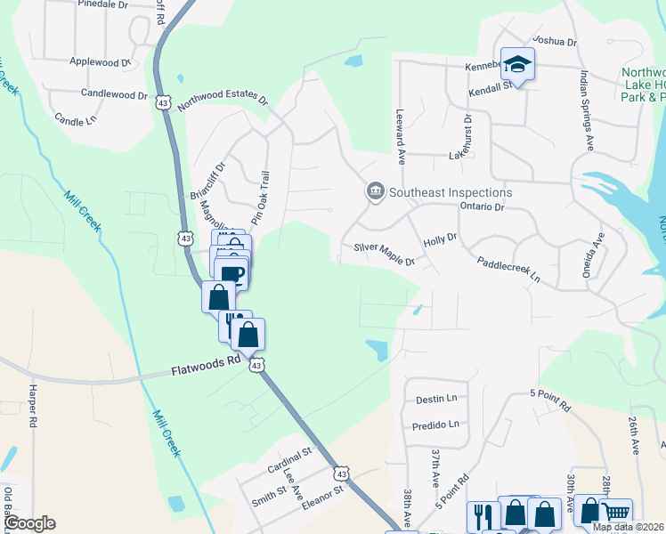 map of restaurants, bars, coffee shops, grocery stores, and more near 4704 Oak Way in Northport