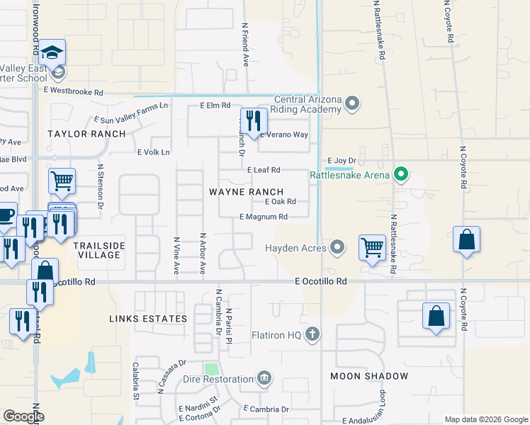 map of restaurants, bars, coffee shops, grocery stores, and more near 1516 East Magnum Road in San Tan Valley