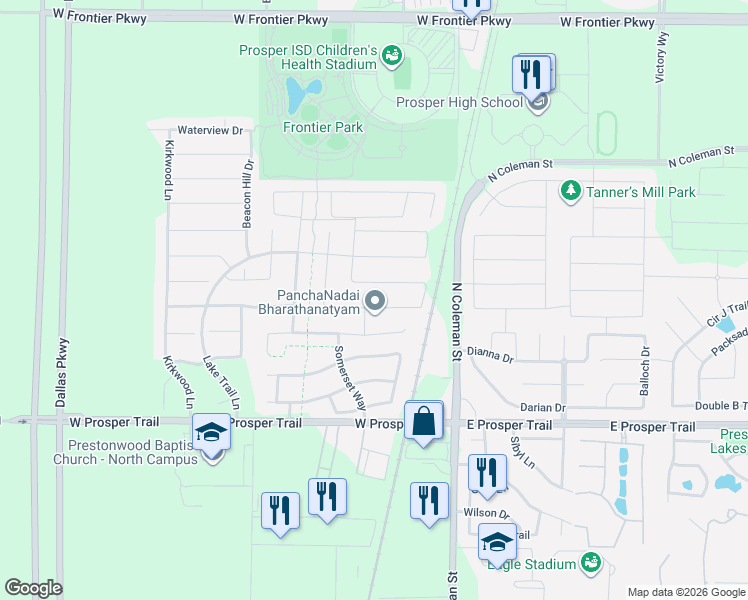 map of restaurants, bars, coffee shops, grocery stores, and more near 401 Timber Ridge Road in Prosper