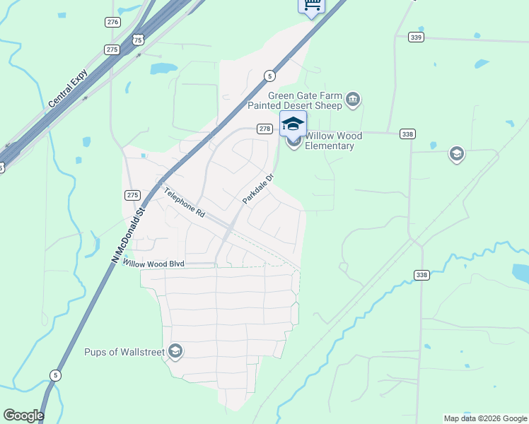map of restaurants, bars, coffee shops, grocery stores, and more near 1044 County Road 278 in Melissa