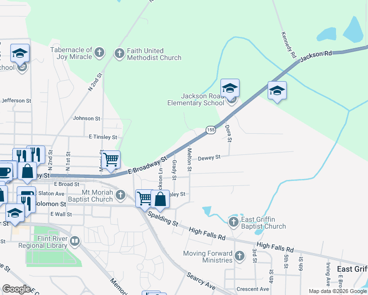 map of restaurants, bars, coffee shops, grocery stores, and more near 1010 East Broadway Street in Griffin