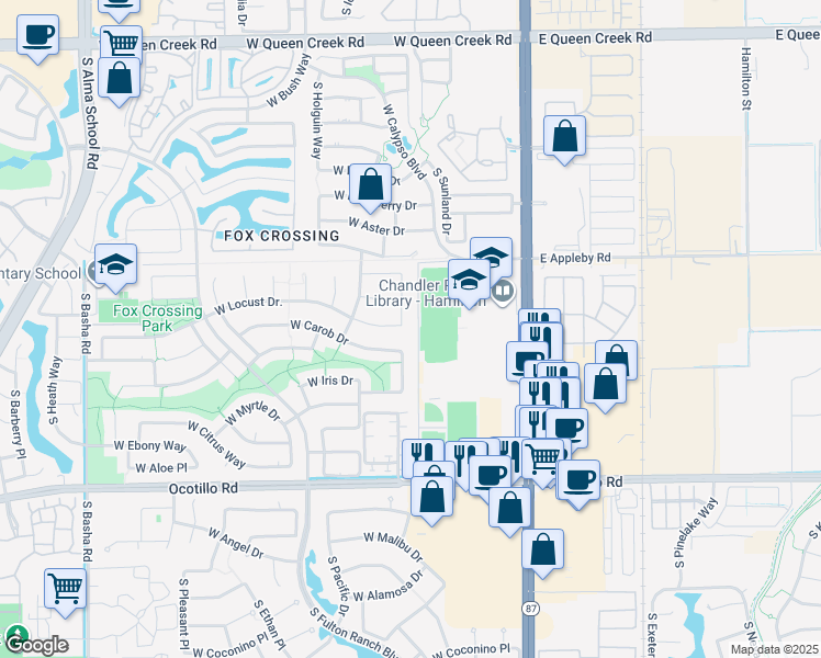 map of restaurants, bars, coffee shops, grocery stores, and more near 302 West Carob Drive in Chandler