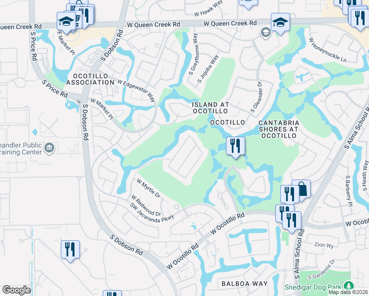 map of restaurants, bars, coffee shops, grocery stores, and more near 3631 South Greythorne Way in Chandler