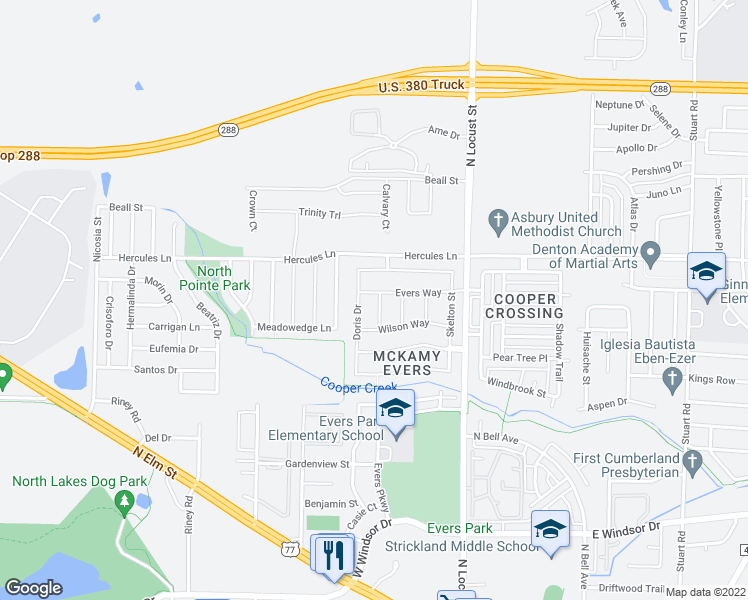 map of restaurants, bars, coffee shops, grocery stores, and more near 312 Wilson Way in Denton