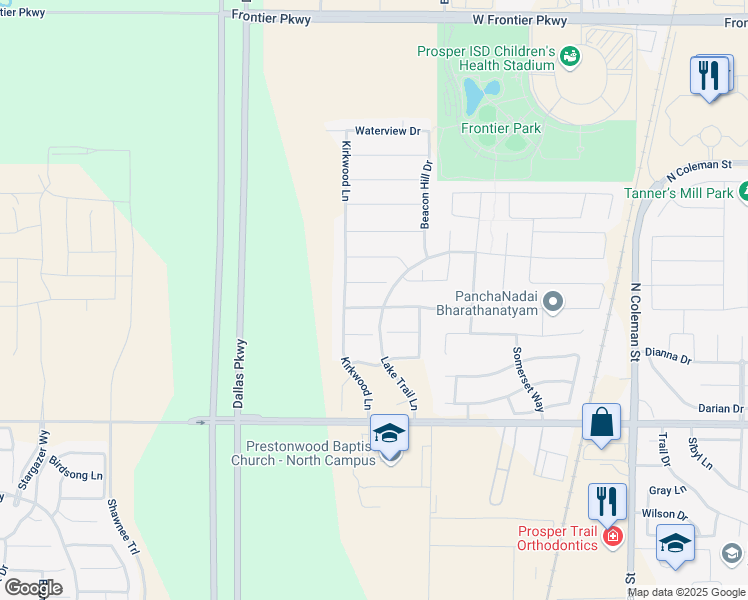 map of restaurants, bars, coffee shops, grocery stores, and more near 910 Ridgecross Road in Prosper