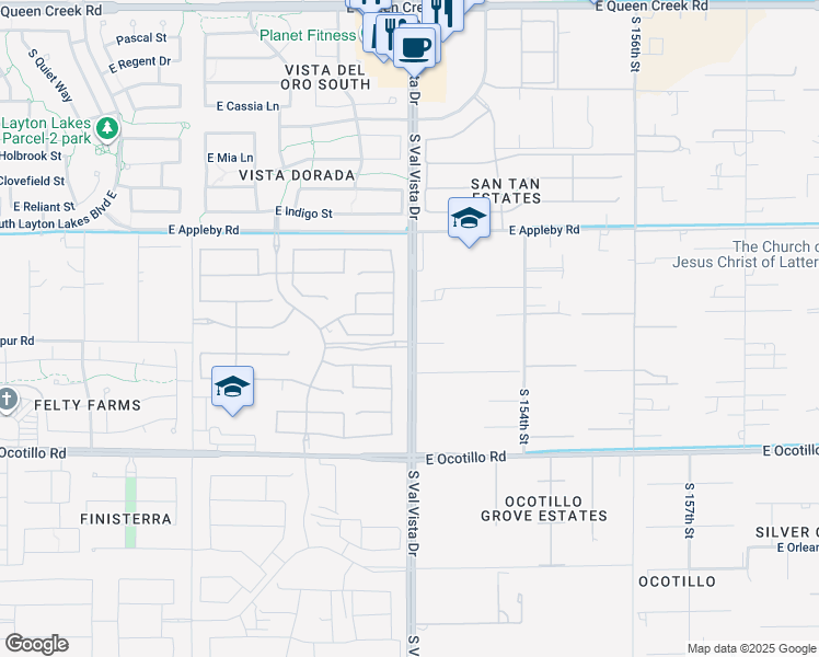 map of restaurants, bars, coffee shops, grocery stores, and more near 15990 South Val Vista Drive in Gilbert