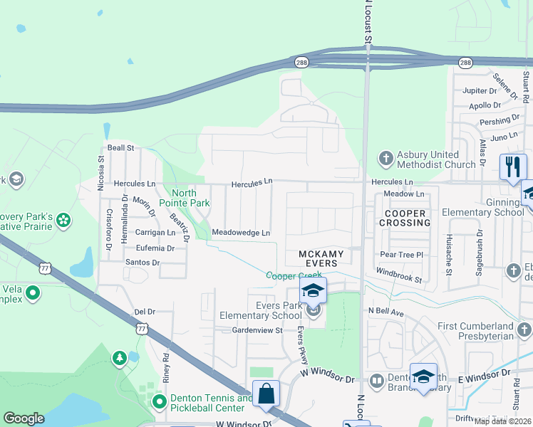 map of restaurants, bars, coffee shops, grocery stores, and more near 3508 Meadowtrail Lane in Denton