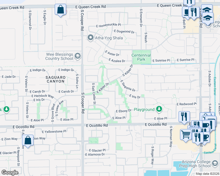 map of restaurants, bars, coffee shops, grocery stores, and more near 2247 East Carob Drive in Chandler