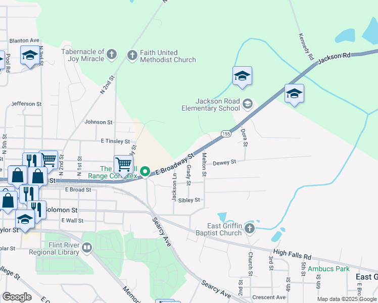 map of restaurants, bars, coffee shops, grocery stores, and more near 1010 East Broadway Street in Griffin