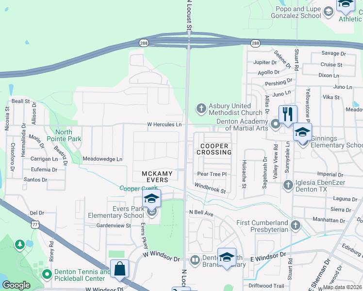 map of restaurants, bars, coffee shops, grocery stores, and more near 3601 Skelton Street in Denton