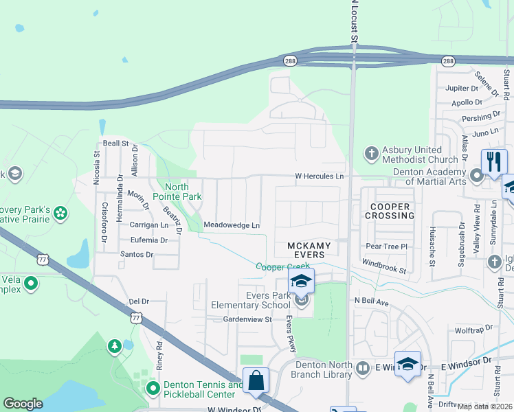 map of restaurants, bars, coffee shops, grocery stores, and more near 3508 Meadowtrail Lane in Denton
