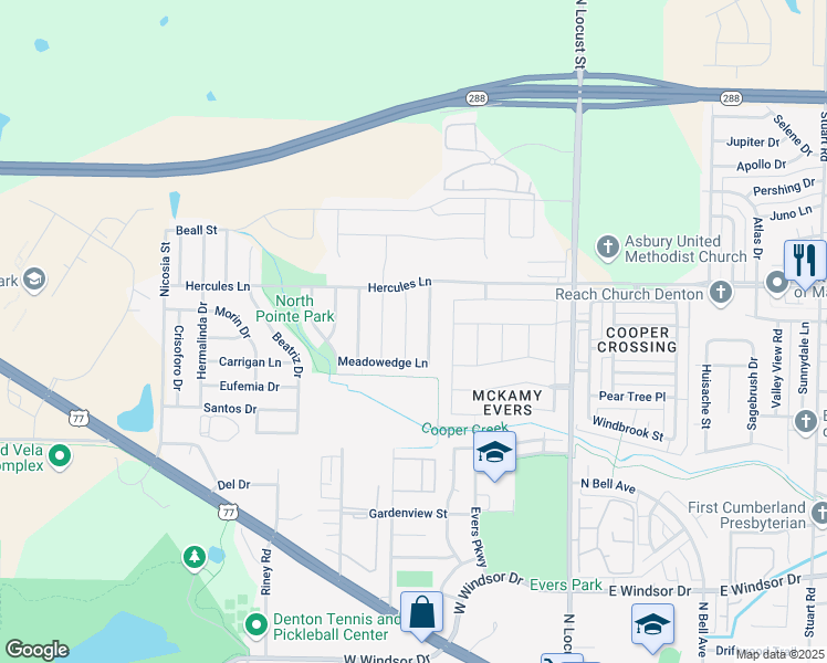 map of restaurants, bars, coffee shops, grocery stores, and more near 3505 Ann Arbor Lane in Denton