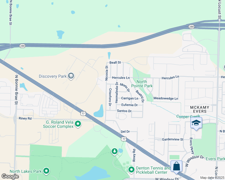 map of restaurants, bars, coffee shops, grocery stores, and more near 1532 Carrigan Lane in Denton