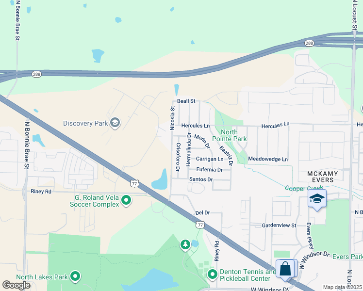 map of restaurants, bars, coffee shops, grocery stores, and more near 1532 Carrigan Lane in Denton