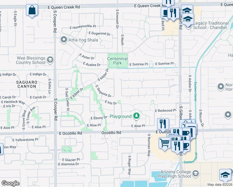 map of restaurants, bars, coffee shops, grocery stores, and more near 3705 South Danielson Way in Chandler
