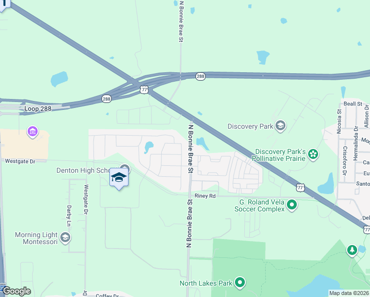 map of restaurants, bars, coffee shops, grocery stores, and more near 3310 North Bonnie Brae Street in Denton