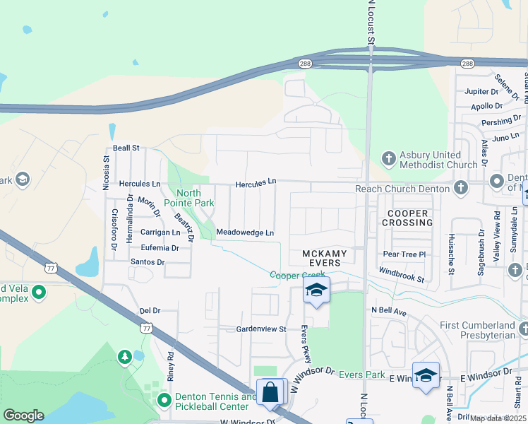 map of restaurants, bars, coffee shops, grocery stores, and more near 3505 Ann Arbor Lane in Denton