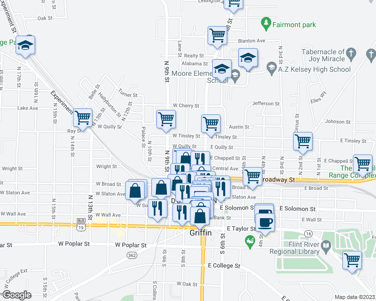 map of restaurants, bars, coffee shops, grocery stores, and more near 312 North 8th Street in Griffin