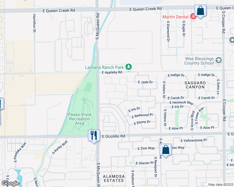 map of restaurants, bars, coffee shops, grocery stores, and more near 1107 East Carob Drive in Chandler