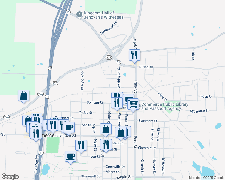 map of restaurants, bars, coffee shops, grocery stores, and more near 1105 Washington Street in Commerce