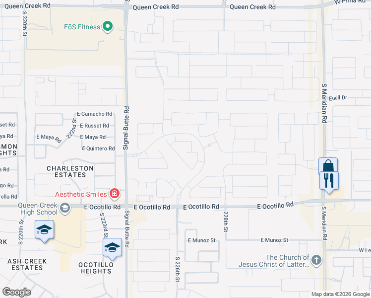 map of restaurants, bars, coffee shops, grocery stores, and more near 21620 South 225th Way in Queen Creek
