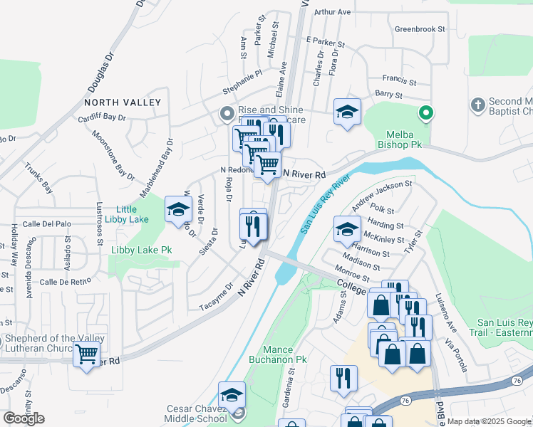 map of restaurants, bars, coffee shops, grocery stores, and more near 385 Vandegrift Boulevard in Oceanside