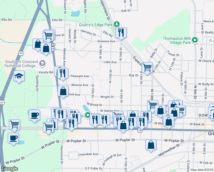 map of restaurants, bars, coffee shops, grocery stores, and more near 300B Louise Lane in Griffin