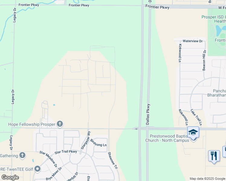 map of restaurants, bars, coffee shops, grocery stores, and more near Shawnee Trail in Prosper