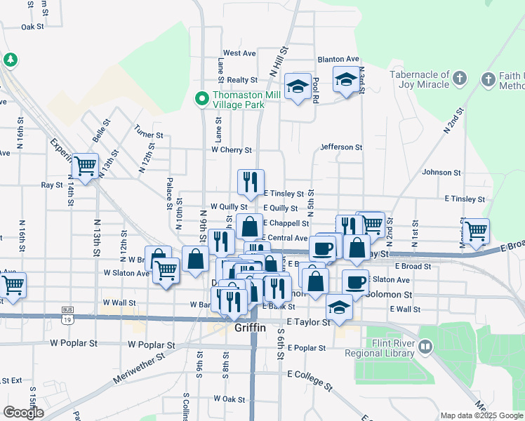 map of restaurants, bars, coffee shops, grocery stores, and more near 106 West Tinsley Street in Griffin
