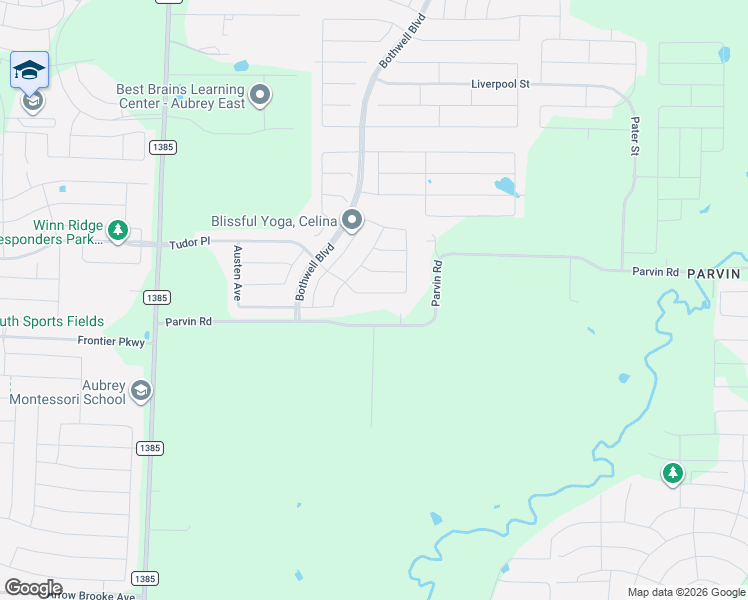 map of restaurants, bars, coffee shops, grocery stores, and more near 14695 Parvin Road in Prosper