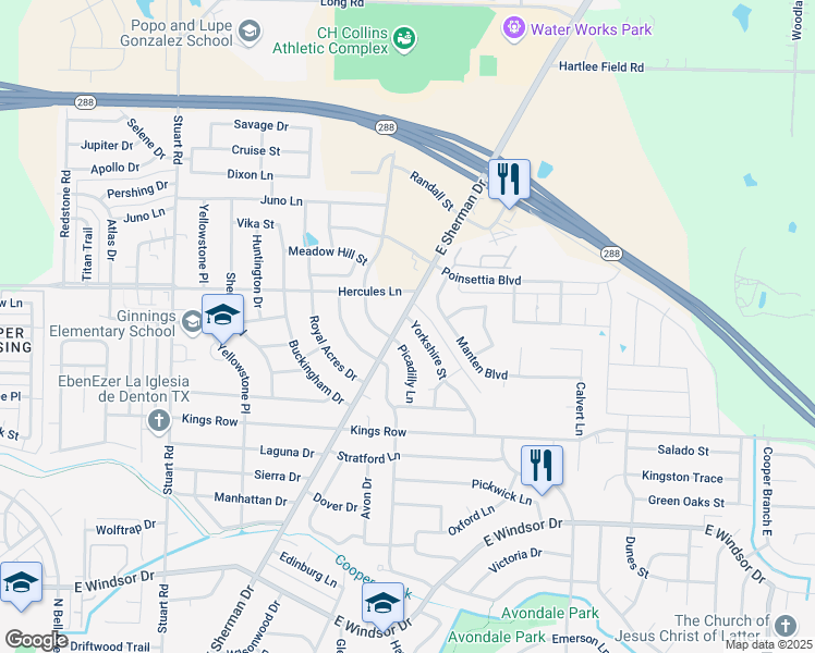 map of restaurants, bars, coffee shops, grocery stores, and more near 2321 Yorkshire Street in Denton