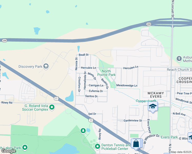 map of restaurants, bars, coffee shops, grocery stores, and more near 3625 Beatriz Drive in Denton