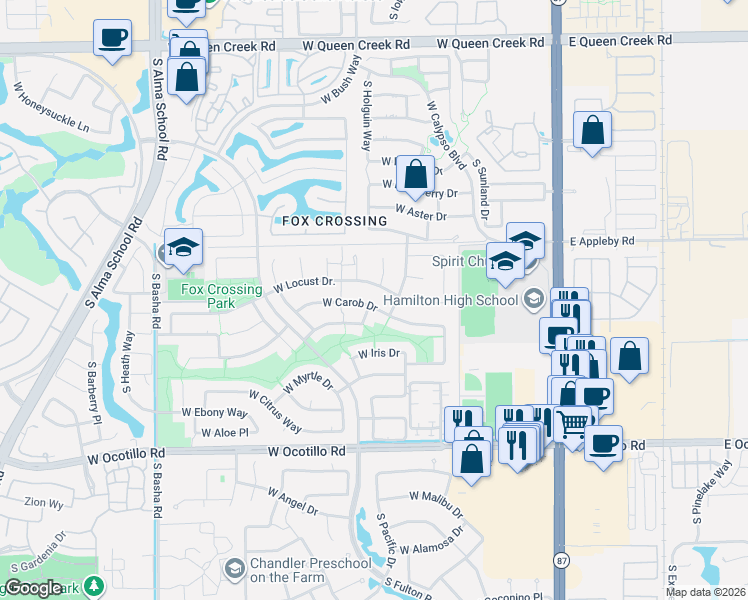 map of restaurants, bars, coffee shops, grocery stores, and more near 440 West Locust Drive in Chandler