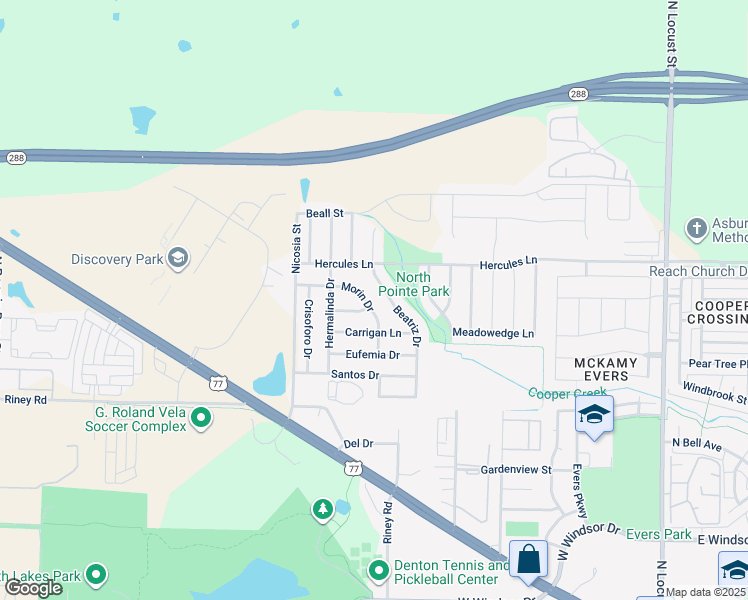 map of restaurants, bars, coffee shops, grocery stores, and more near 3625 Beatriz Drive in Denton