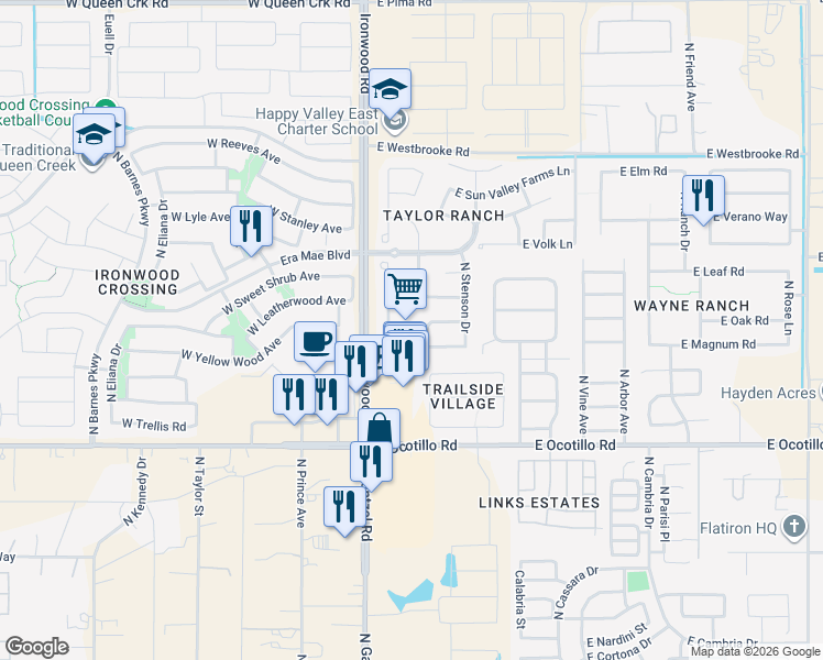 map of restaurants, bars, coffee shops, grocery stores, and more near 41309 North Palm Springs Trail in Queen Creek