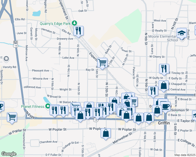 map of restaurants, bars, coffee shops, grocery stores, and more near 733 Hammock Street in Griffin
