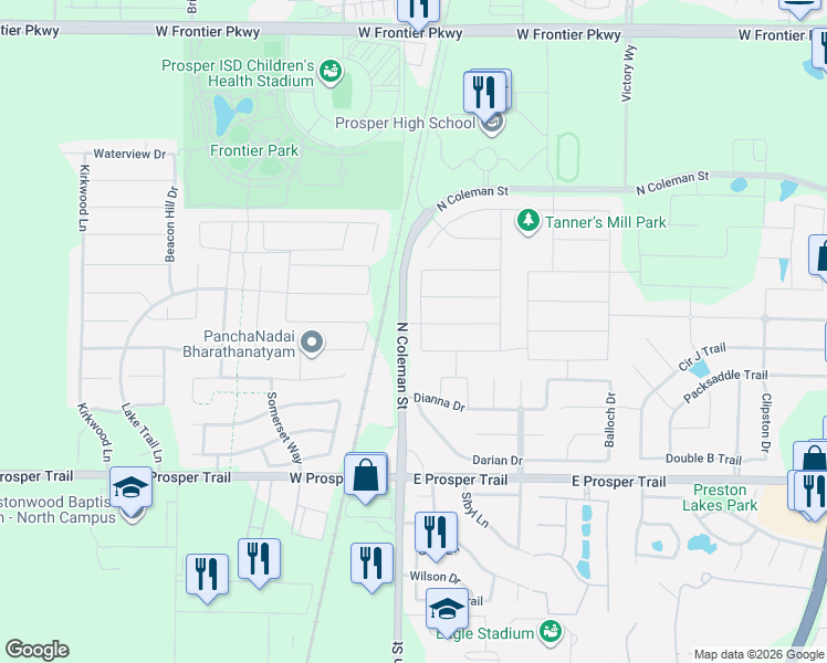 map of restaurants, bars, coffee shops, grocery stores, and more near 141 Saint Mark Lane in Prosper