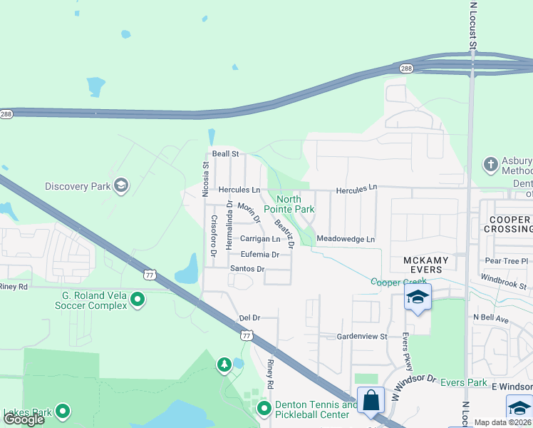 map of restaurants, bars, coffee shops, grocery stores, and more near 3625 Beatriz Drive in Denton