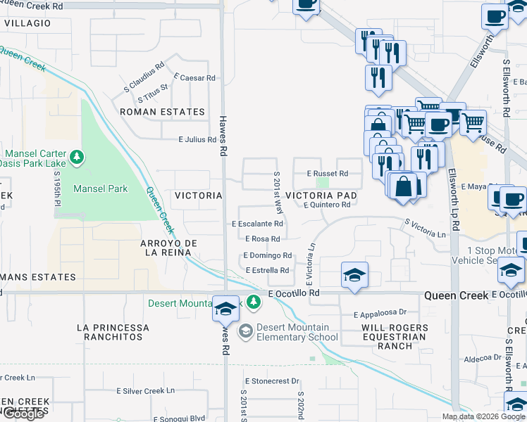 map of restaurants, bars, coffee shops, grocery stores, and more near 20256 East Escalante Road in Queen Creek