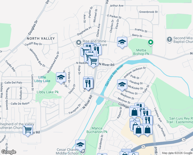 map of restaurants, bars, coffee shops, grocery stores, and more near 439 Vandegrift Boulevard in Oceanside