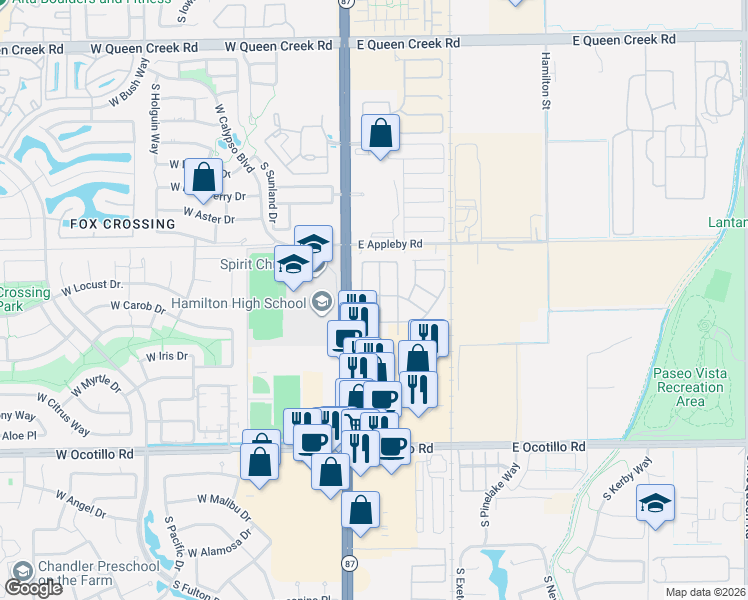 map of restaurants, bars, coffee shops, grocery stores, and more near 3572 South Washington Street in Chandler
