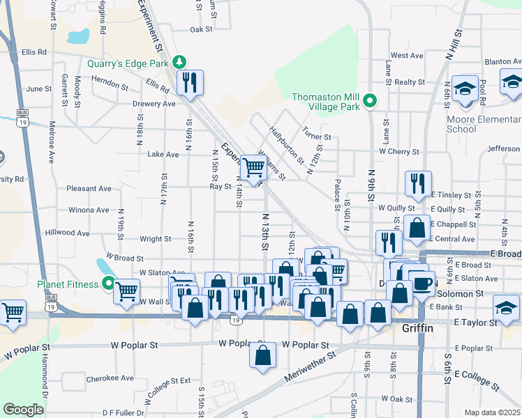 map of restaurants, bars, coffee shops, grocery stores, and more near 362 North 13th Street in Griffin