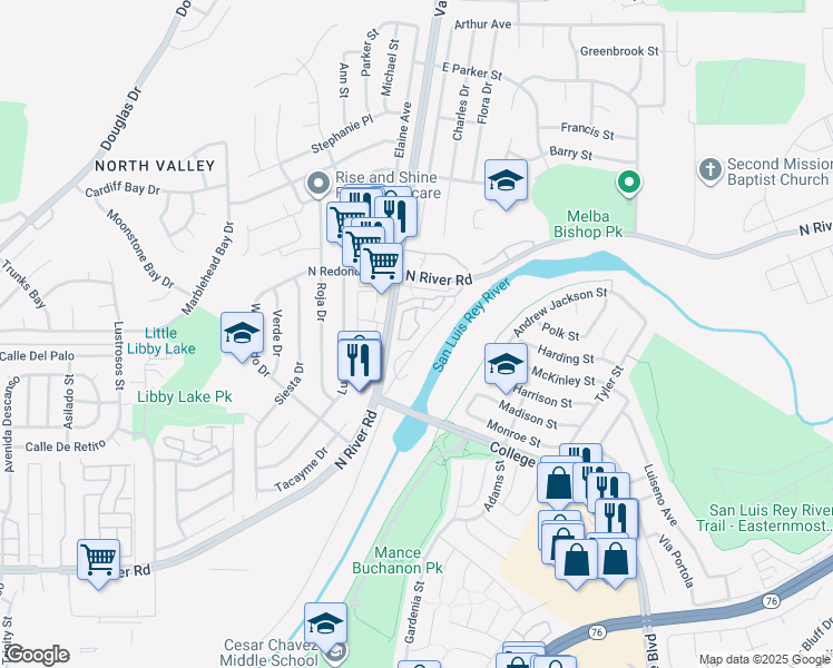 map of restaurants, bars, coffee shops, grocery stores, and more near 5078 Cascade Way in Oceanside