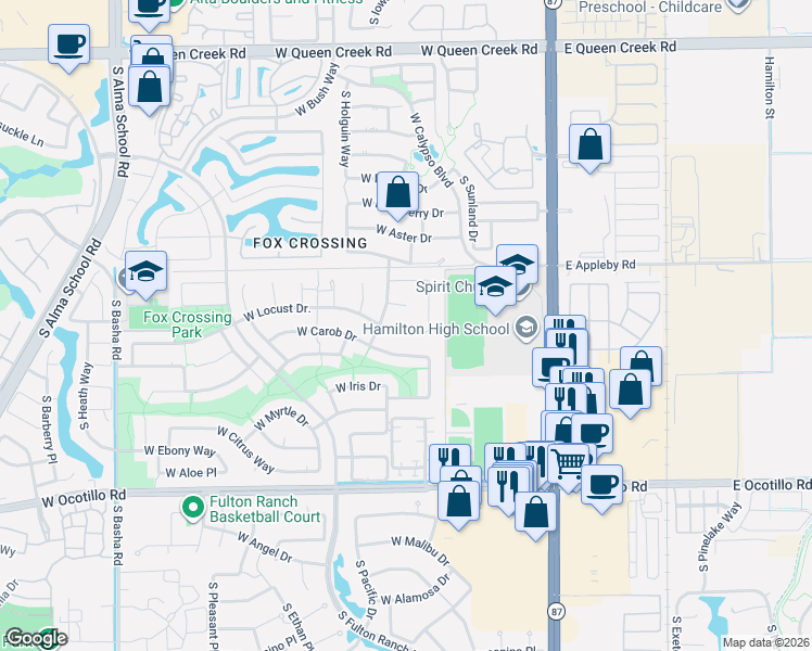 map of restaurants, bars, coffee shops, grocery stores, and more near 340 West Locust Drive in Chandler